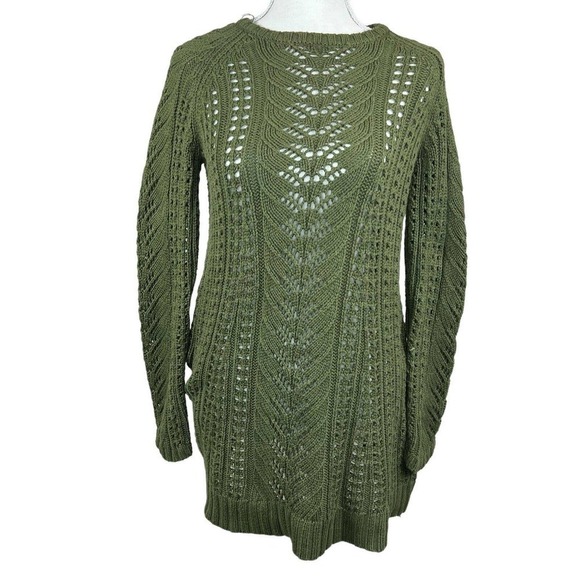 J Jill Olive Green Cable Knit Tunic Sweater Sz XS Pointelle Knit Raglan - Picture 1 of 10